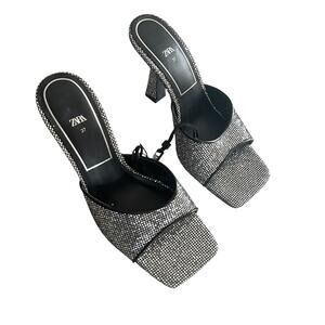 Zara Silver Sparkly Peep Toe Heeled Mules Glitter Shoes EU 37 NWT